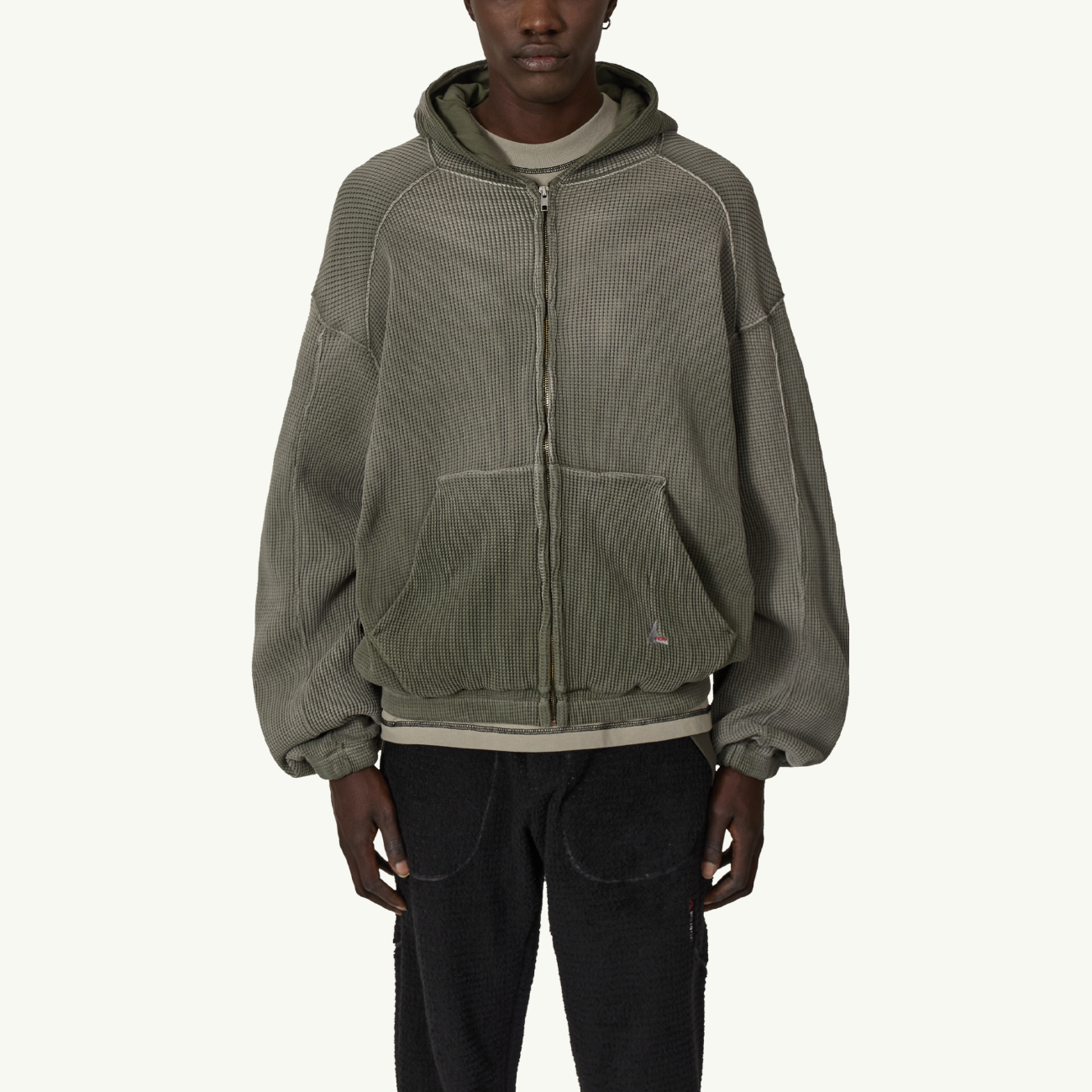 Bee Sun Faded Waffle Zip Up Hoodie - Olive