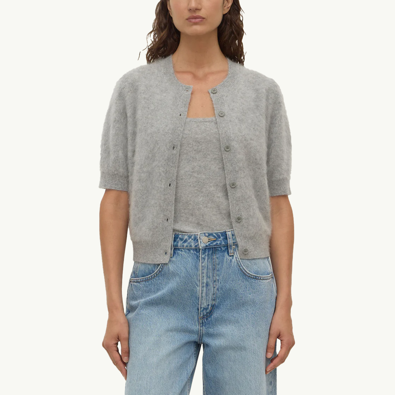 Carina Wool Short Sleeve Cardigan - Grey Marle