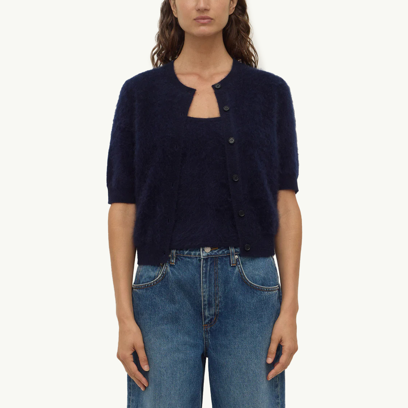 Carina Wool Short Sleeve Cardigan - True Navy