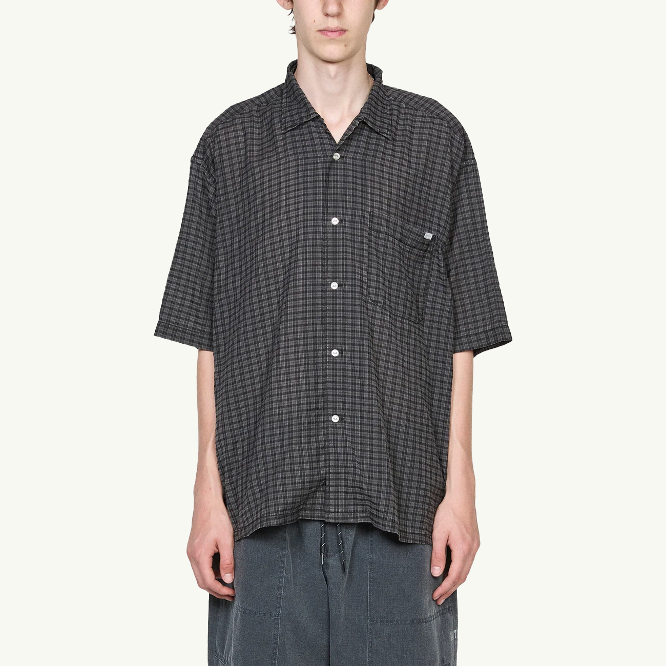 T/C Check Open Collar Shirt - Black