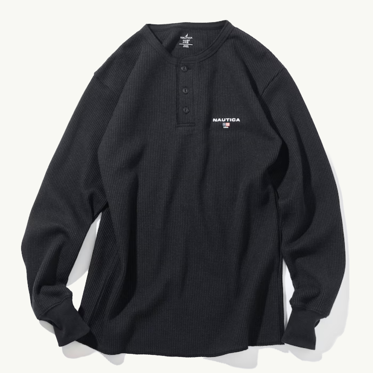 Waffle Henley Long Sleeve Tee - Black