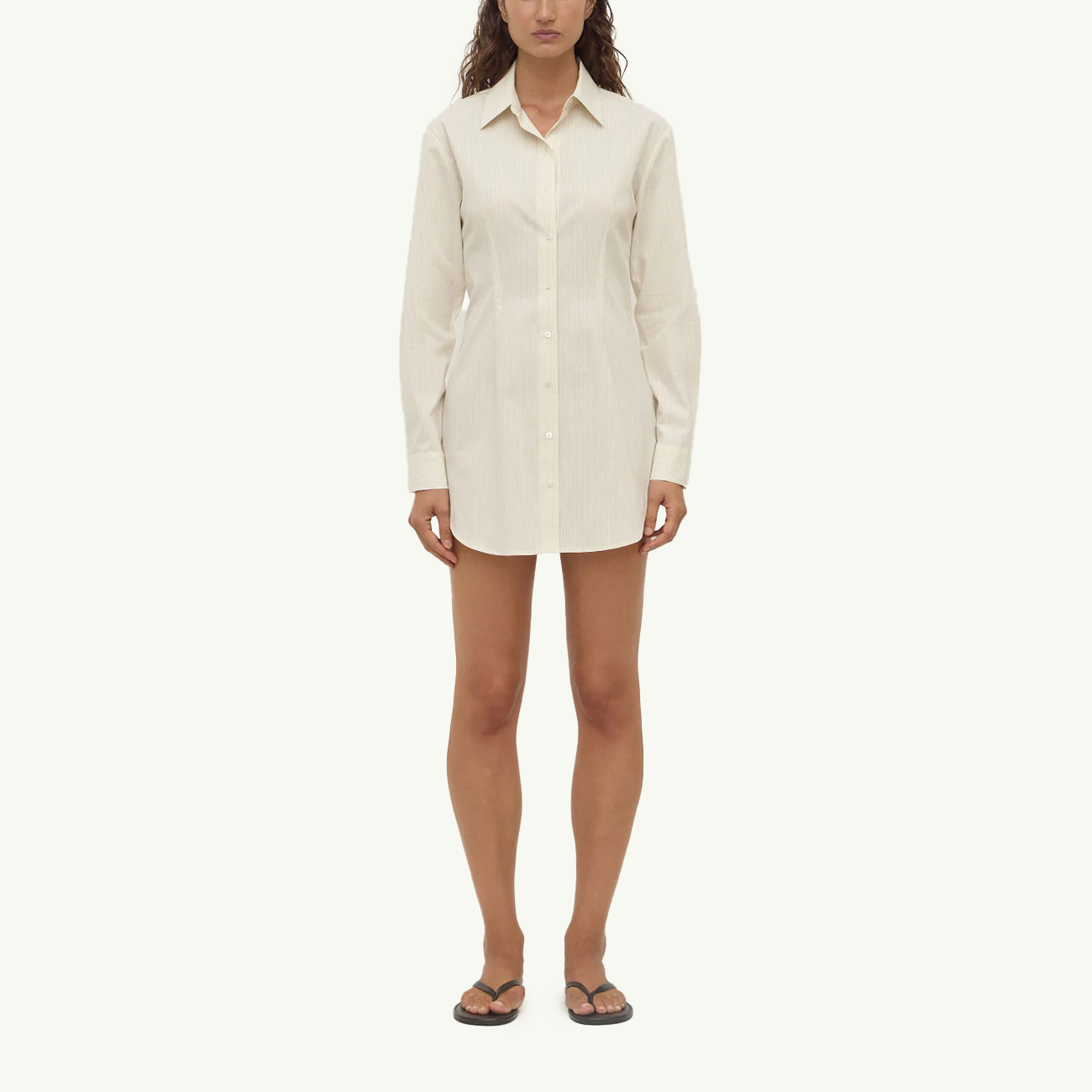 Marina Stripe Long Sleeve Shirt Dress - White/Grey Stripe