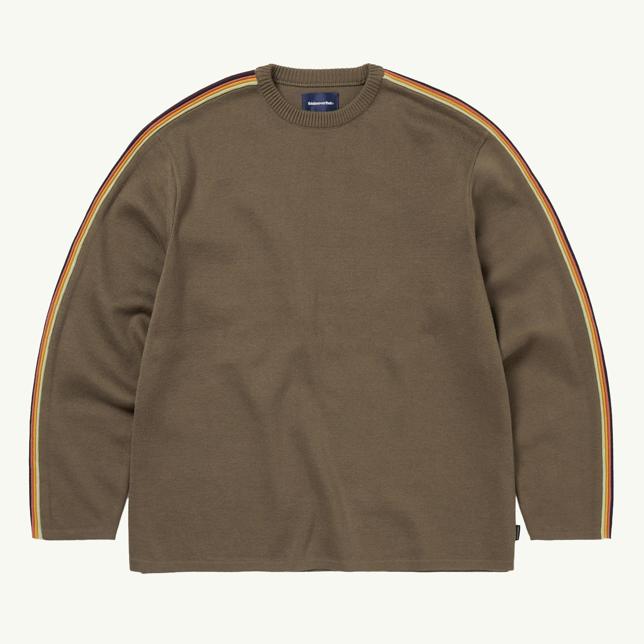 Striped Sleeve Knit Crew - Brown