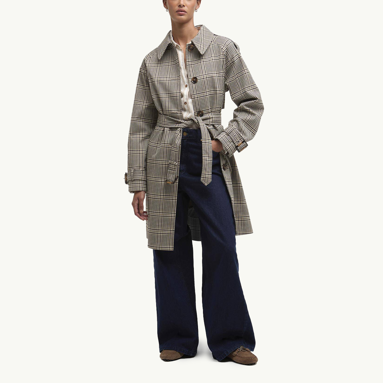 Maia Check Showerproof Trench - Olive Prince of Wales Check