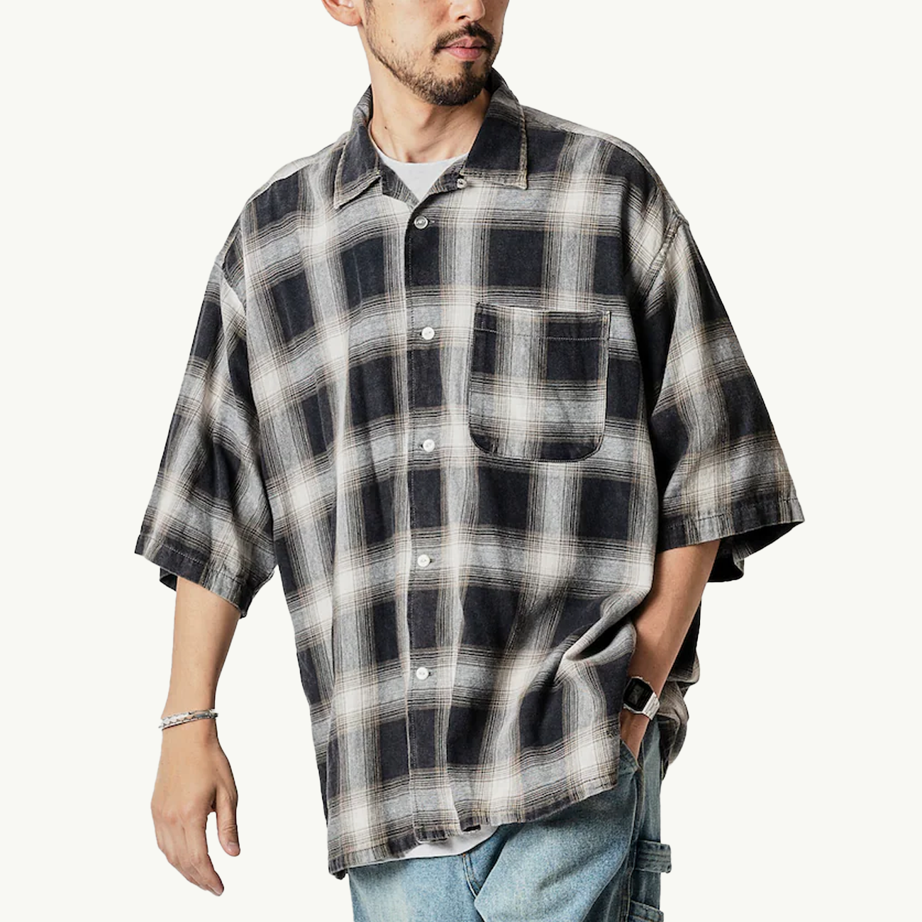 Ombre Check Open Collar SS Shirt - Charcoal Grey