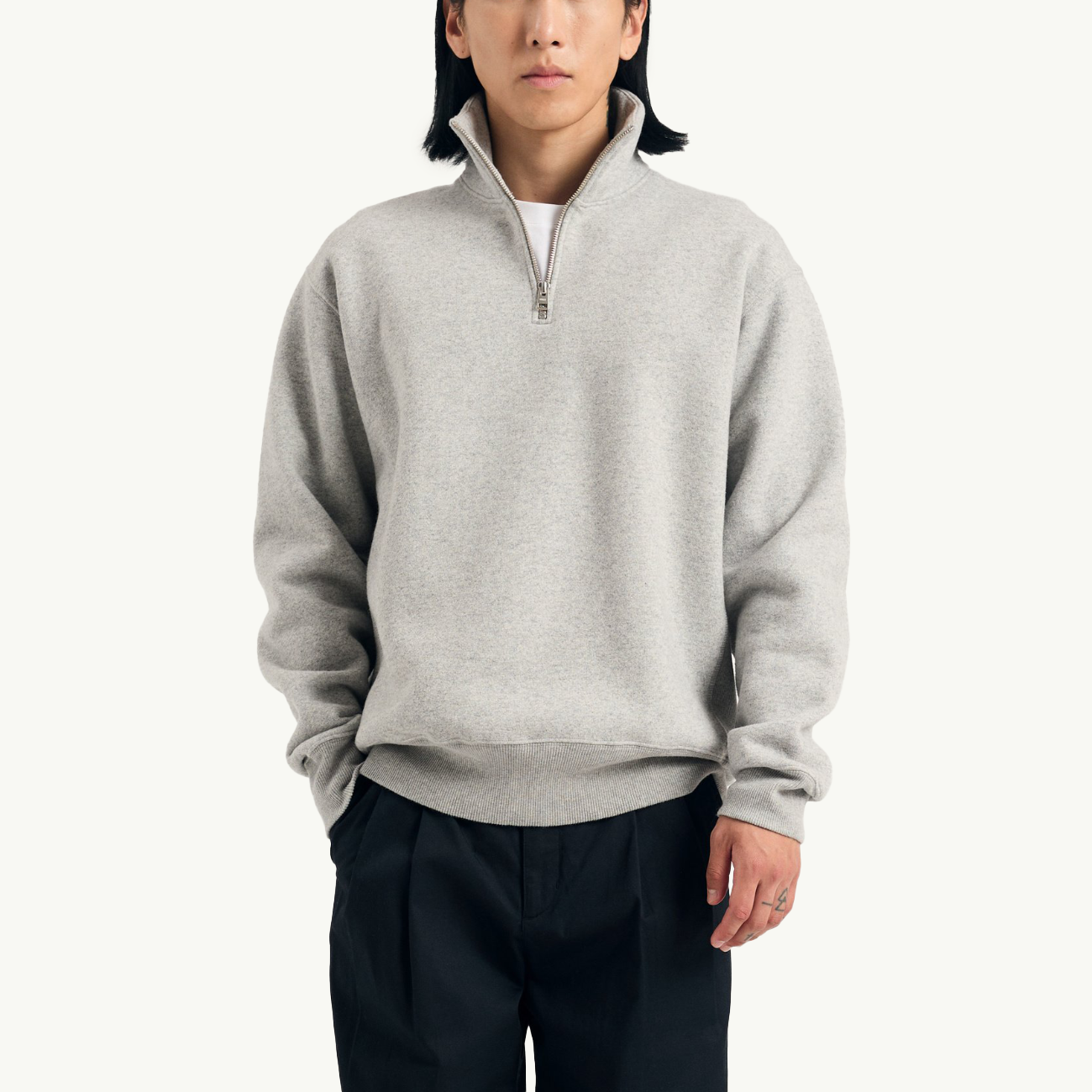 Ketel Relaxed Cotton Wool Half Zip Sweatshirt - Grey Melange