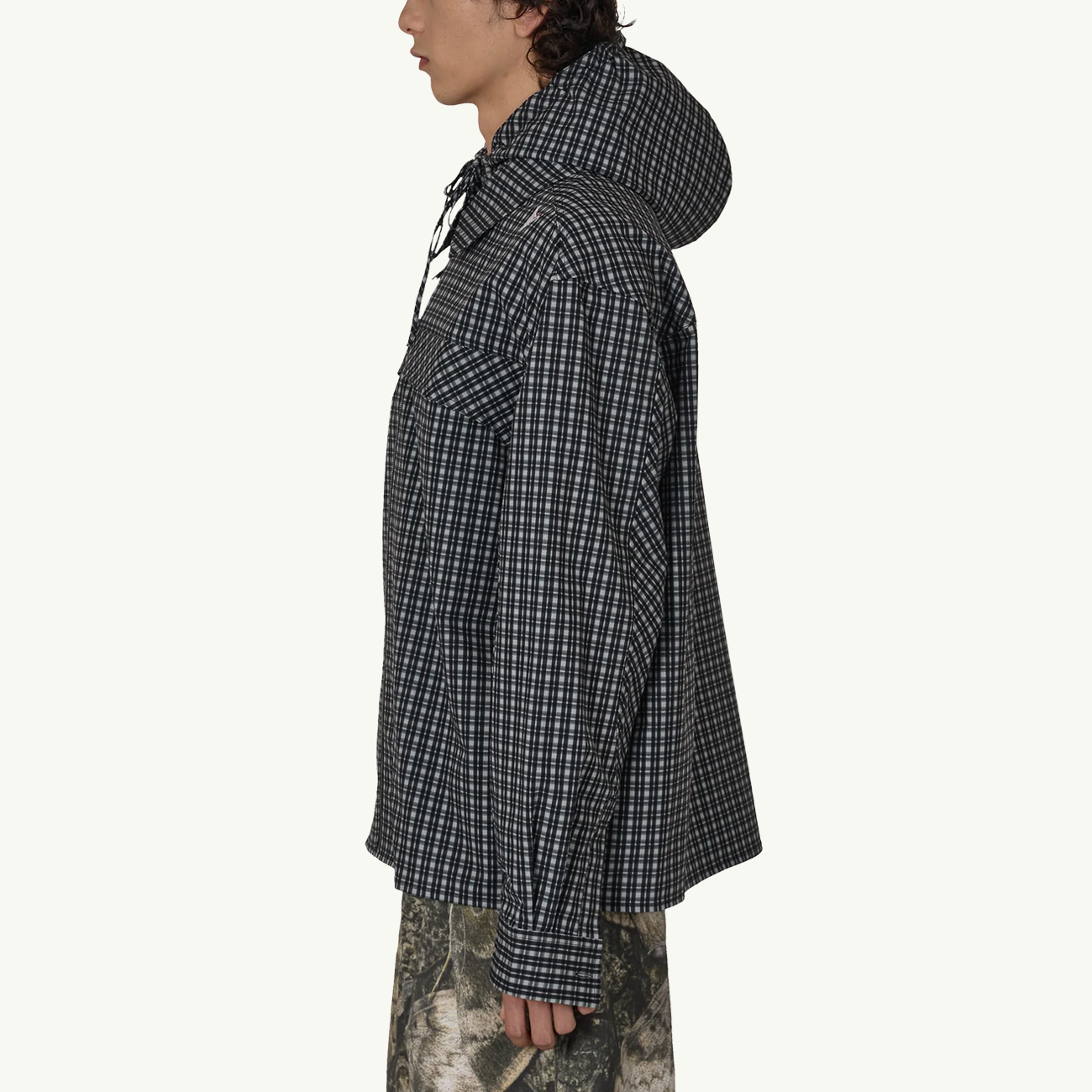Aair Floweave Printed Check LS Hooded Shirt - Anthracite