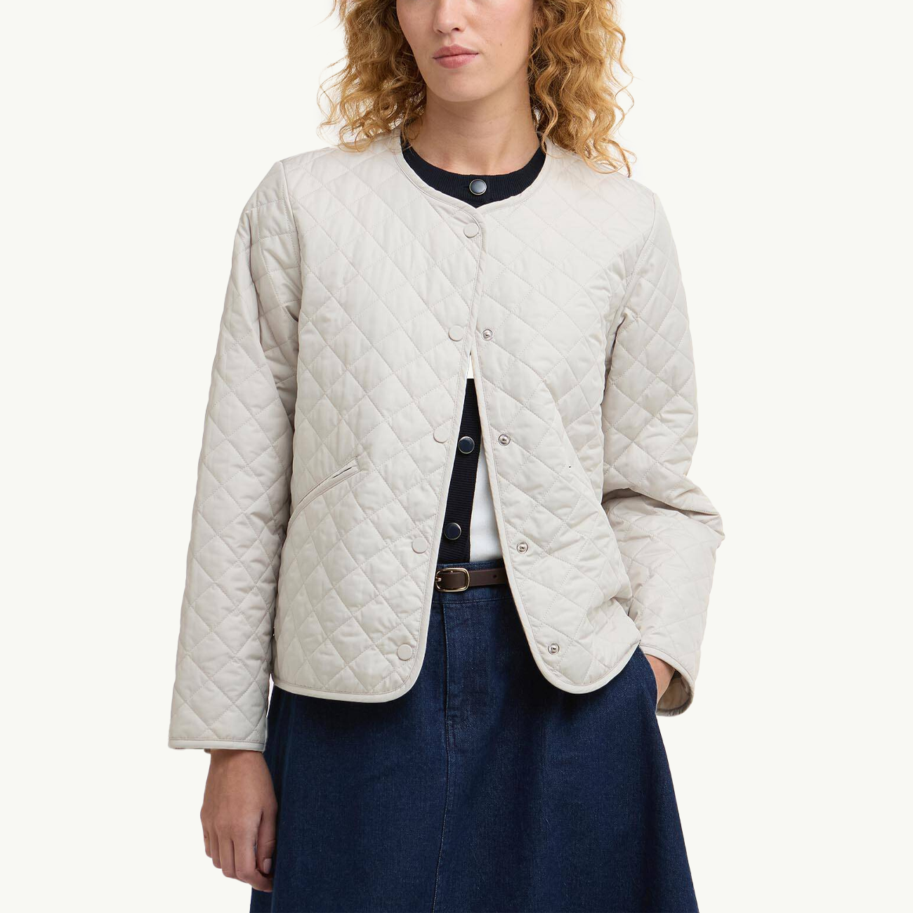 Cashel Collarless Quilted Jacket - Mist/Dress Navy Tartan