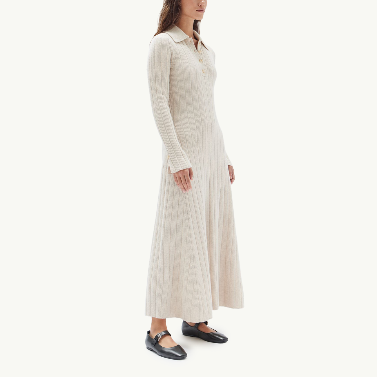 Astrae Wool Rib Maxi Long Sleeve Dress - Oat