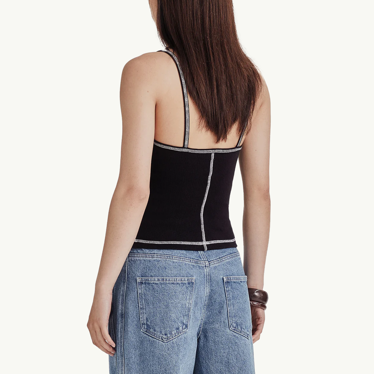 Women's Fitted Rib Cami - Black/White Topstitch