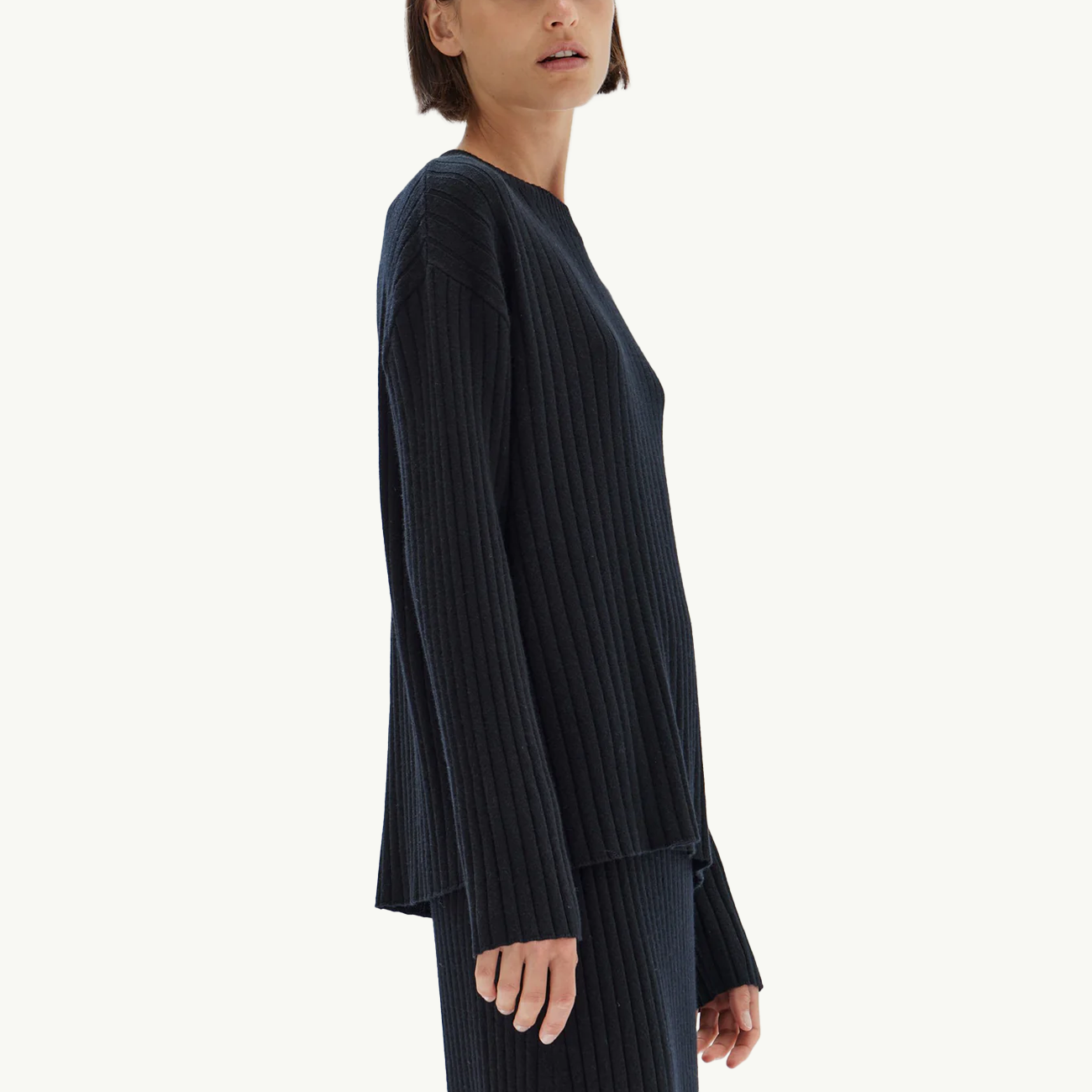 Wool Cashmere Rib Long Sleeve Top - Black