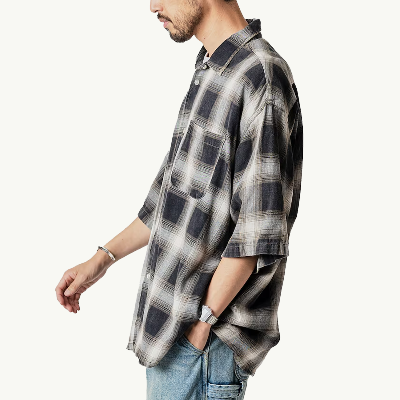 Ombre Check Open Collar SS Shirt - Charcoal Grey