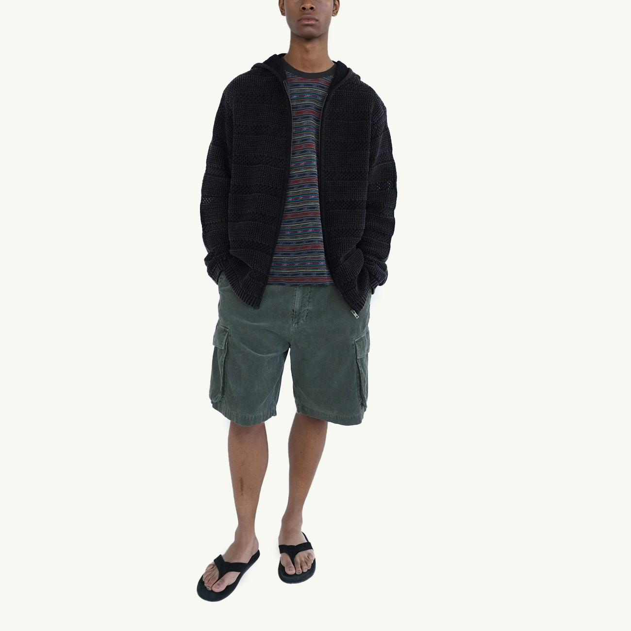 Crochet Knit Zip Hoodie - Washed Black