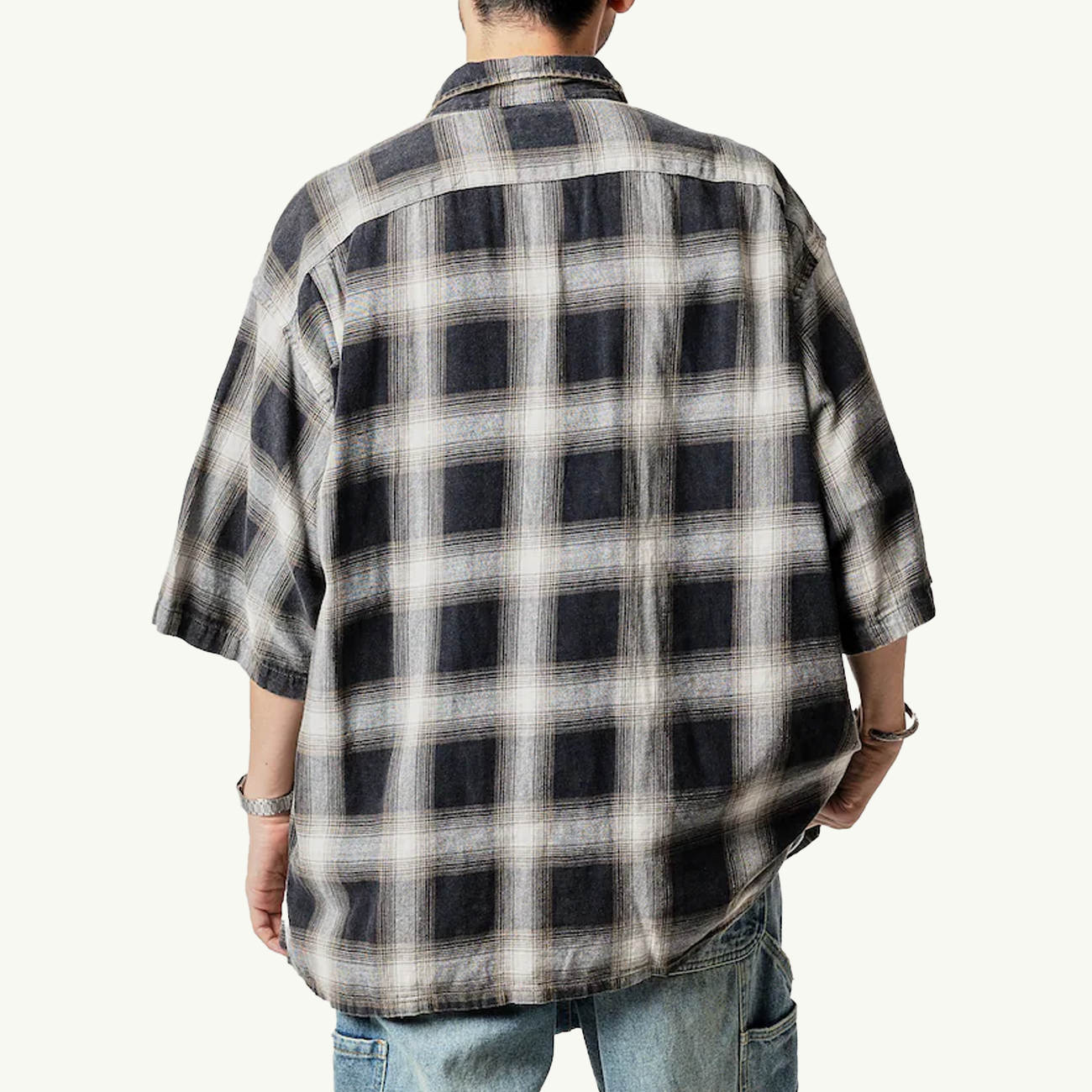 Ombre Check Open Collar SS Shirt - Charcoal Grey