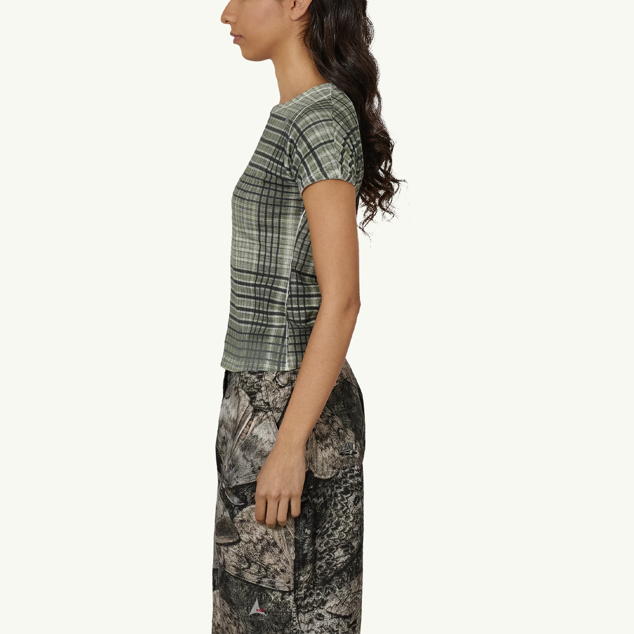 Taba Printed Check Baby Tee - Sage Green