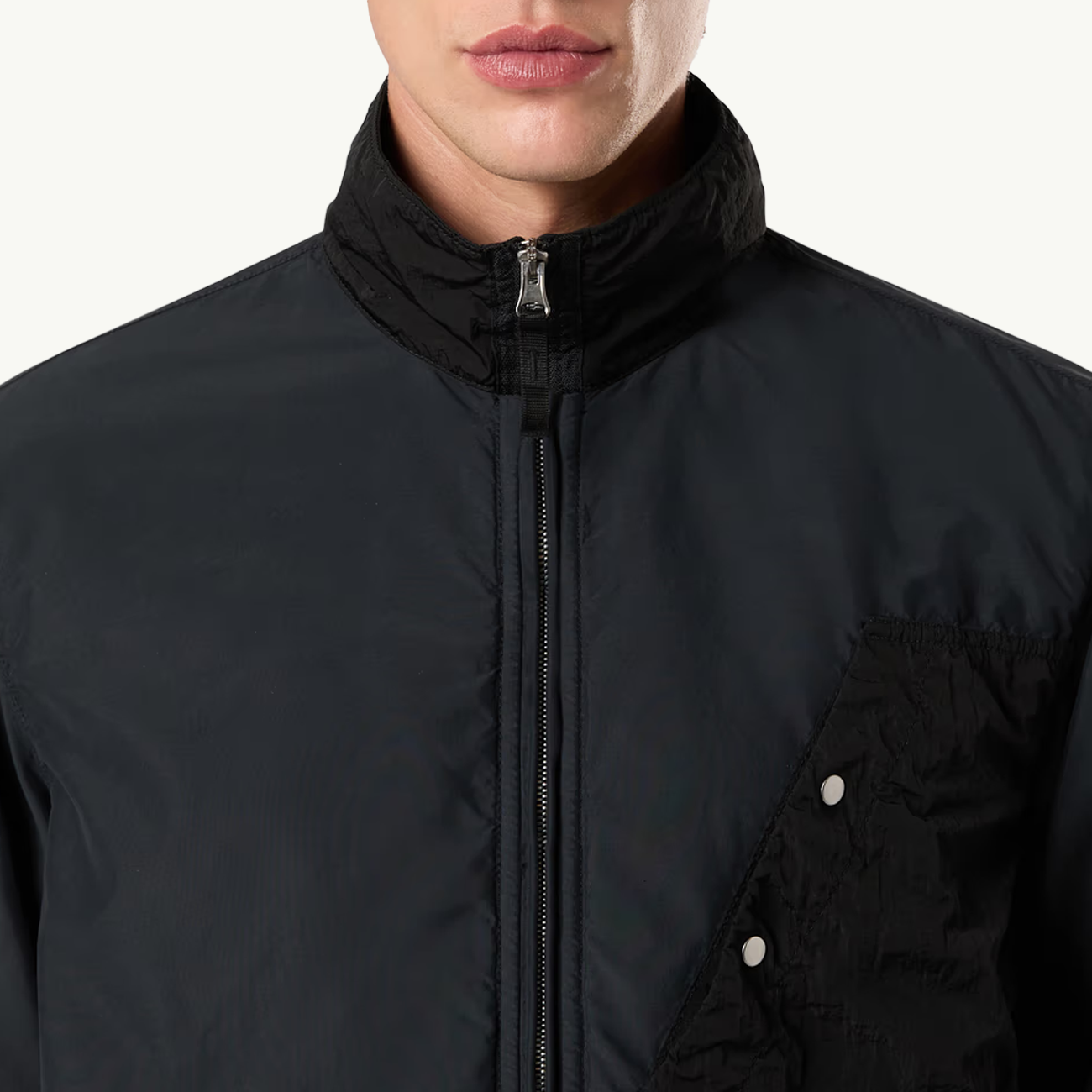 Overshirt High Collar Brushed Nylon Zip Through - Black 2981