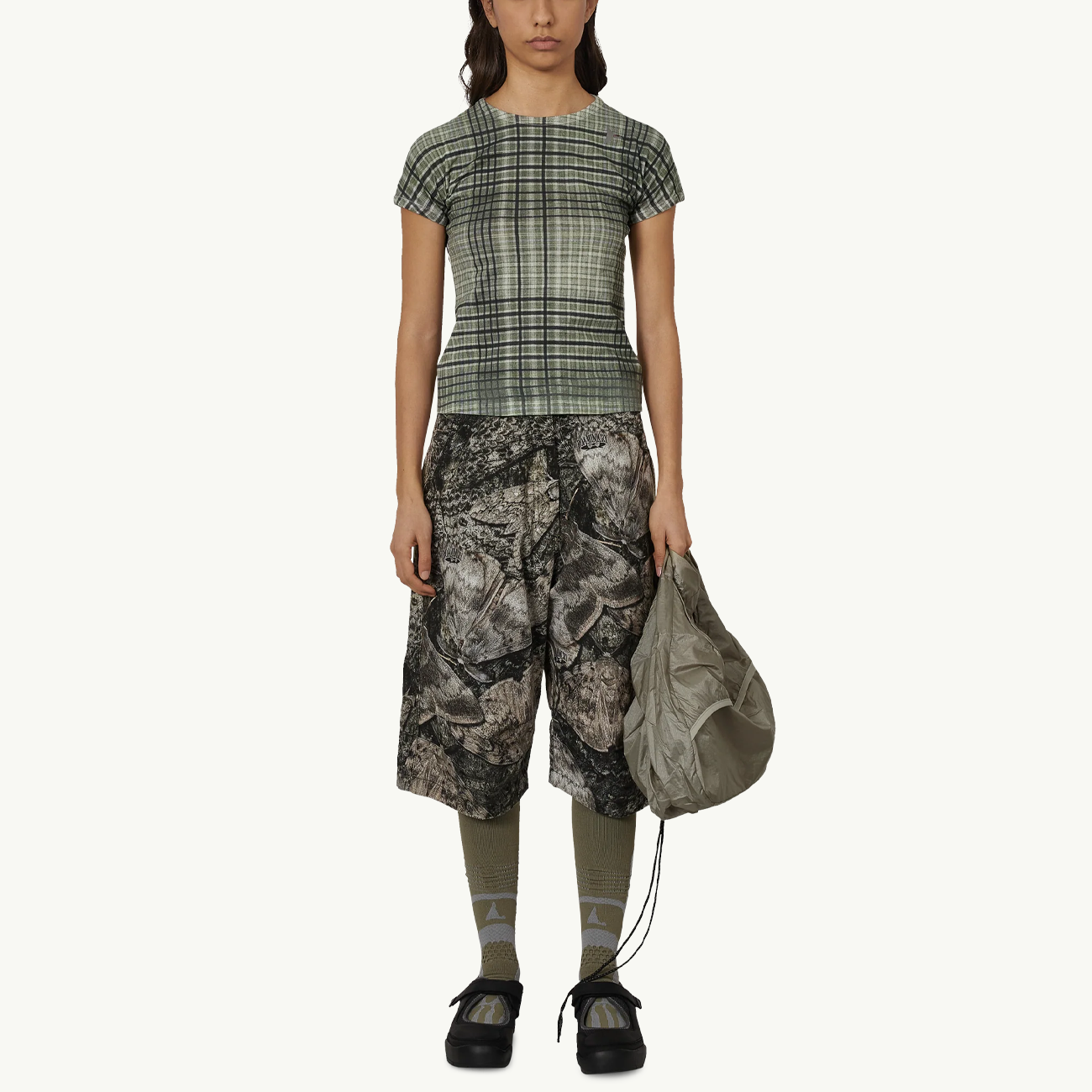 Taba Printed Check Baby Tee - Sage Green