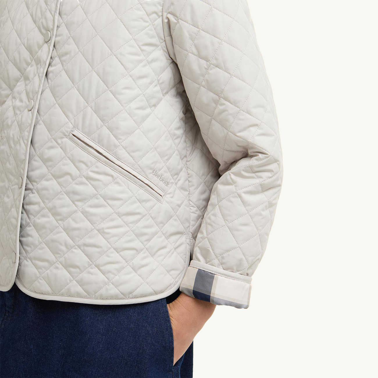 Cashel Collarless Quilted Jacket - Mist/Dress Navy Tartan